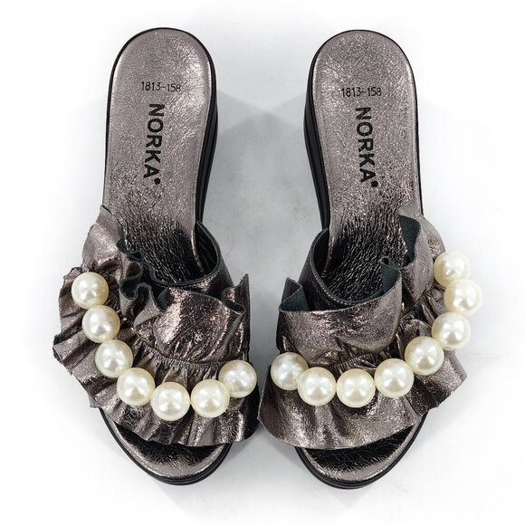 Norka Shoes - NORKA Silver Leather Ruffle Platform Wedge Slide Sandals With Pearls
